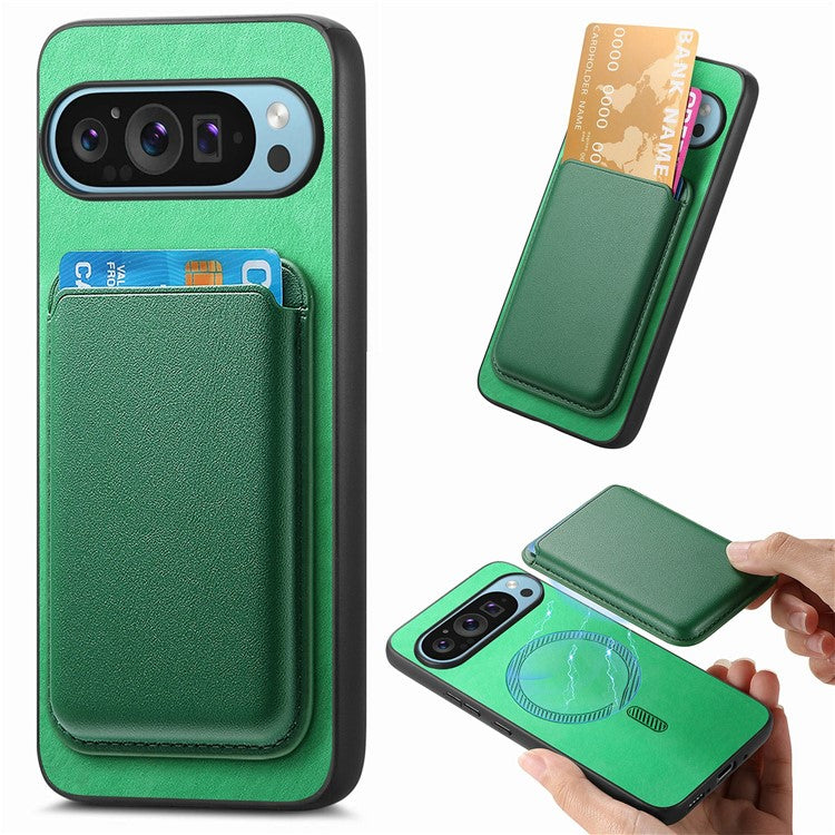 For Google Pixel 9 / Pixel 9 Pro Case Detachable Magnetic Card Bag Leather+TPU Phone Cover - Green