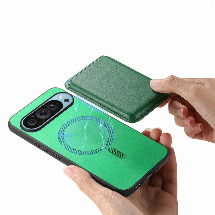 For Google Pixel 9 / Pixel 9 Pro Case Detachable Magnetic Card Bag Leather+TPU Phone Cover - Green