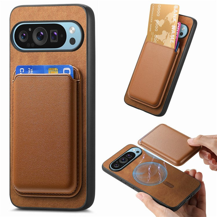 For Google Pixel 9 / Pixel 9 Pro Case Detachable Magnetic Card Bag Leather+TPU Phone Cover - Brown