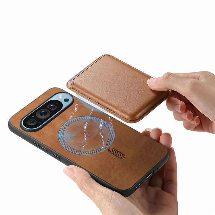 For Google Pixel 9 / Pixel 9 Pro Case Detachable Magnetic Card Bag Leather+TPU Phone Cover - Brown