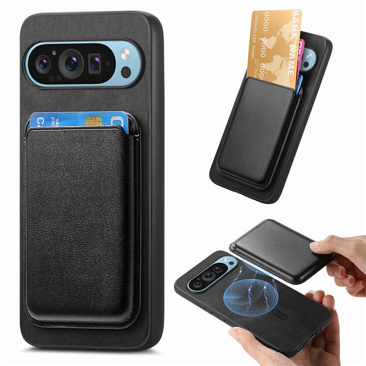 For Google Pixel 9 / Pixel 9 Pro Case Detachable Magnetic Card Bag Leather+TPU Phone Cover - Black