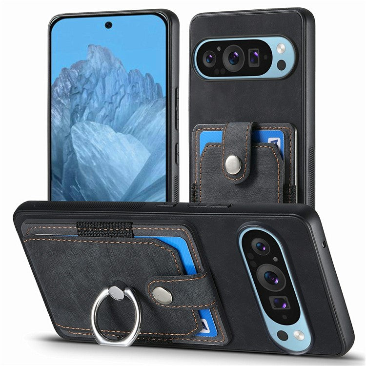 For Google Pixel 9 / Pixel 9 Pro Case Kickstand Leather+TPU Non-Slip Protective Cover Card Slots - Black