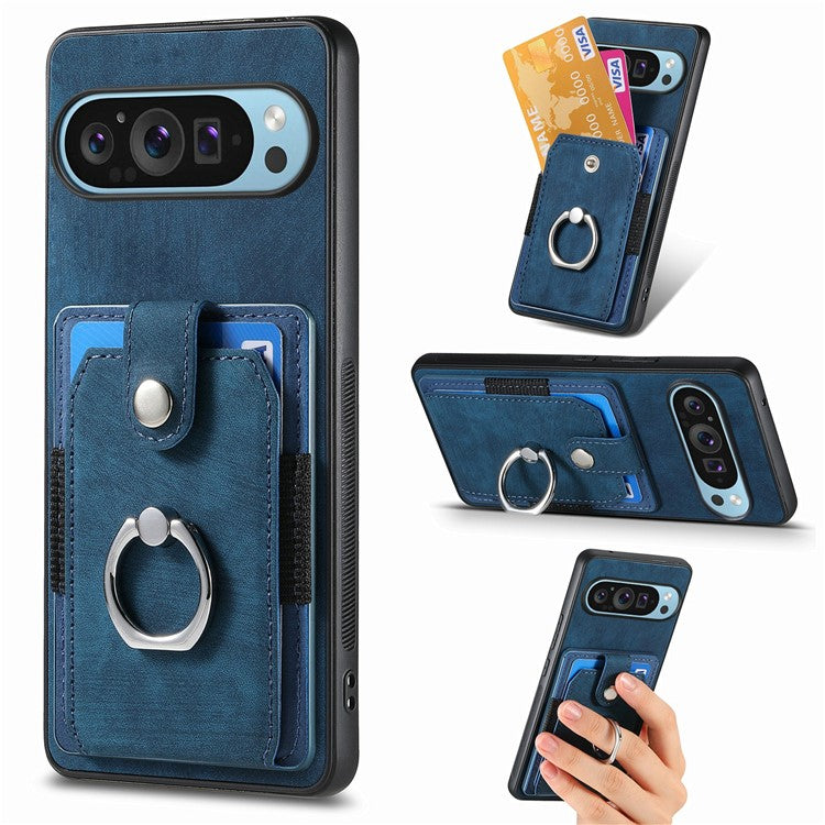 For Google Pixel 9 / Pixel 9 Pro Case Kickstand Leather+TPU Non-Slip Protective Cover Card Slots - Blue