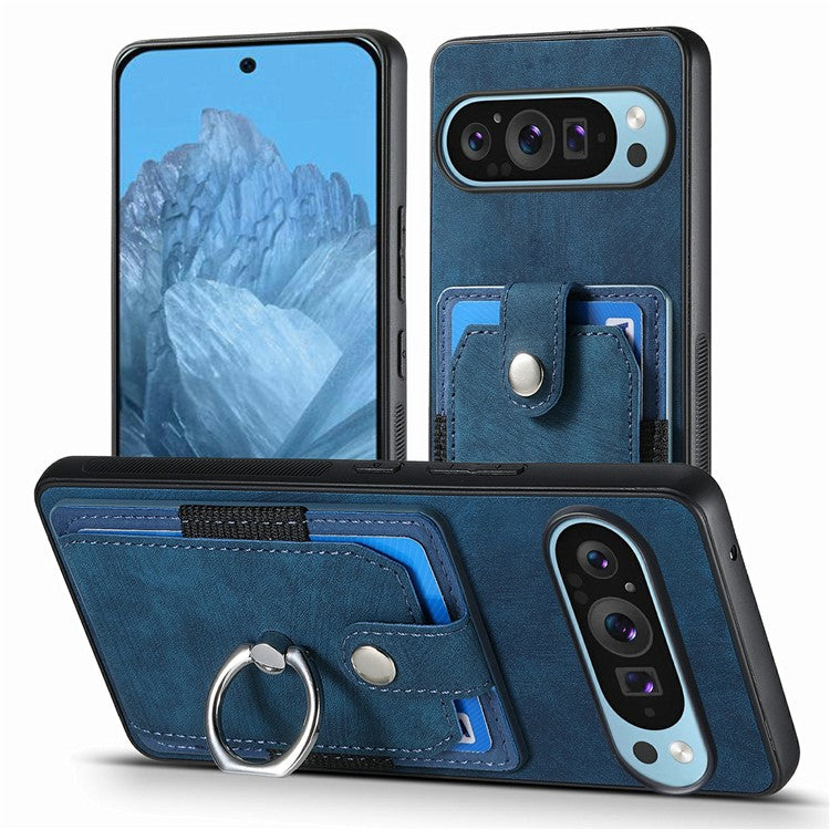 For Google Pixel 9 / Pixel 9 Pro Case Kickstand Leather+TPU Non-Slip Protective Cover Card Slots - Blue