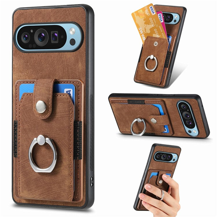 For Google Pixel 9 / Pixel 9 Pro Case Kickstand Leather+TPU Non-Slip Protective Cover Card Slots - Brown