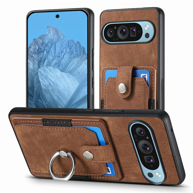 For Google Pixel 9 / Pixel 9 Pro Case Kickstand Leather+TPU Non-Slip Protective Cover Card Slots - Brown