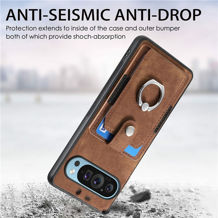 For Google Pixel 9 / Pixel 9 Pro Case Kickstand Leather+TPU Non-Slip Protective Cover Card Slots - Brown