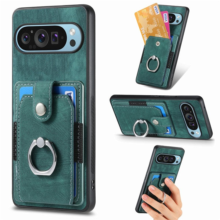 For Google Pixel 9 / Pixel 9 Pro Case Kickstand Leather+TPU Non-Slip Protective Cover Card Slots - Green