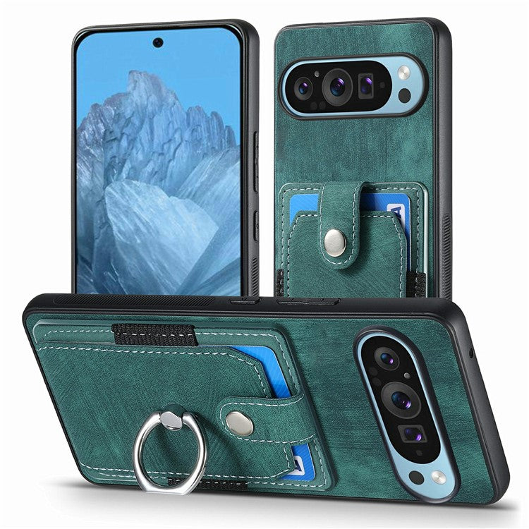 For Google Pixel 9 / Pixel 9 Pro Case Kickstand Leather+TPU Non-Slip Protective Cover Card Slots - Green