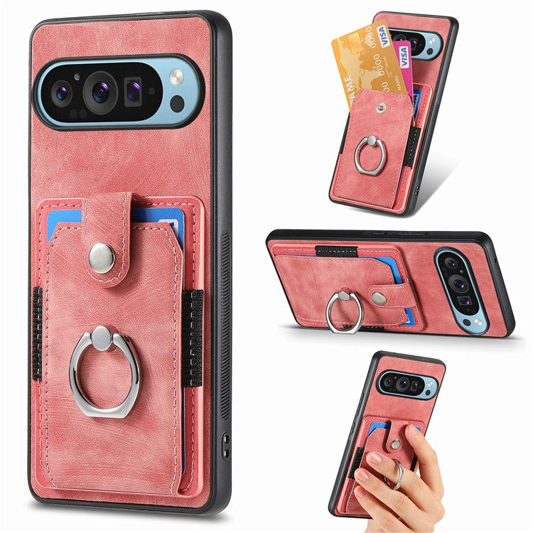 For Google Pixel 9 / Pixel 9 Pro Case Kickstand Leather+TPU Non-Slip Protective Cover Card Slots - Pink