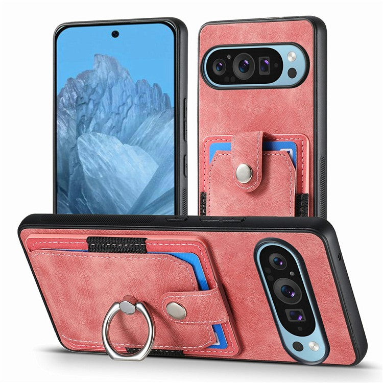 For Google Pixel 9 / Pixel 9 Pro Case Kickstand Leather+TPU Non-Slip Protective Cover Card Slots - Pink