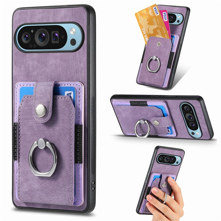 For Google Pixel 9 / Pixel 9 Pro Case Kickstand Leather+TPU Non-Slip Protective Cover Card Slots - Purple