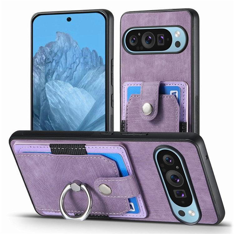 For Google Pixel 9 / Pixel 9 Pro Case Kickstand Leather+TPU Non-Slip Protective Cover Card Slots - Purple