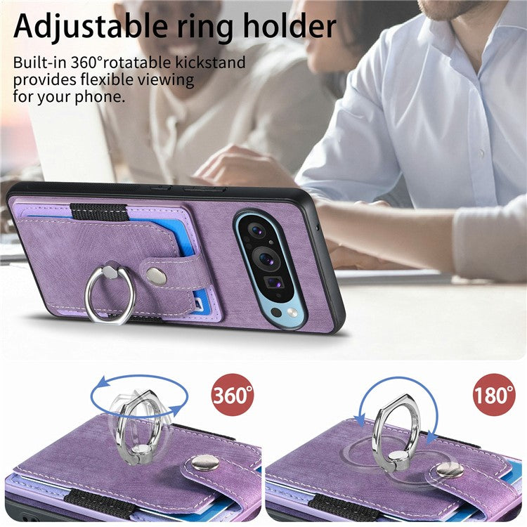 For Google Pixel 9 / Pixel 9 Pro Case Kickstand Leather+TPU Non-Slip Protective Cover Card Slots - Purple