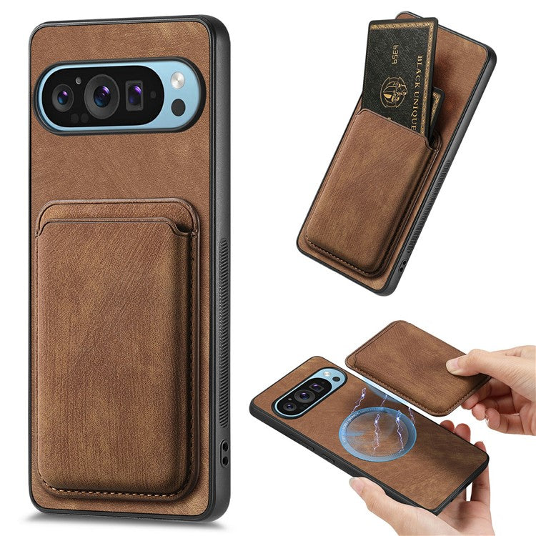 For Google Pixel 9 / Pixel 9 Pro Case Leather+TPU Retro Phone Cover with Detachable Card Slot - Brown