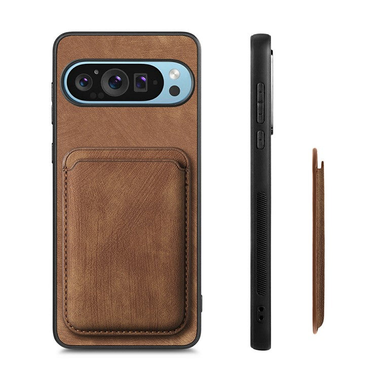 For Google Pixel 9 / Pixel 9 Pro Case Leather+TPU Retro Phone Cover with Detachable Card Slot - Brown