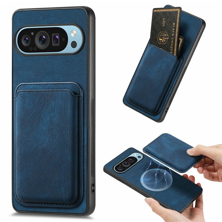 For Google Pixel 9 / Pixel 9 Pro Case Leather+TPU Retro Phone Cover with Detachable Card Slot - Blue