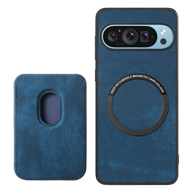 For Google Pixel 9 / Pixel 9 Pro Case Leather+TPU Retro Phone Cover with Detachable Card Slot - Blue