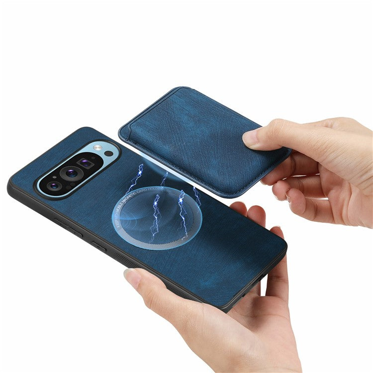 For Google Pixel 9 / Pixel 9 Pro Case Leather+TPU Retro Phone Cover with Detachable Card Slot - Blue