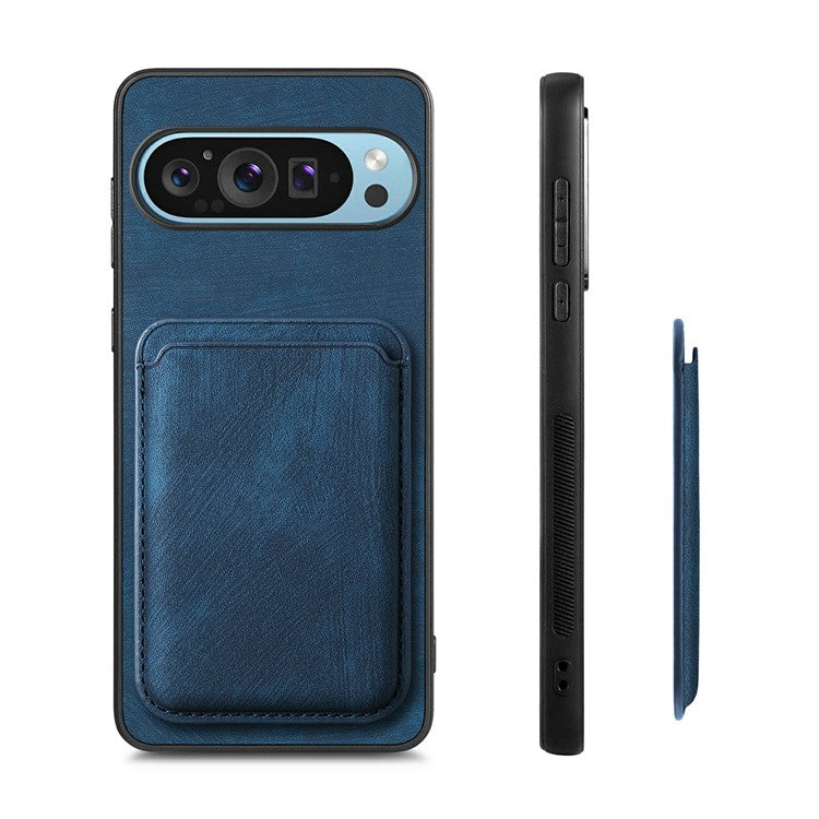 For Google Pixel 9 / Pixel 9 Pro Case Leather+TPU Retro Phone Cover with Detachable Card Slot - Blue