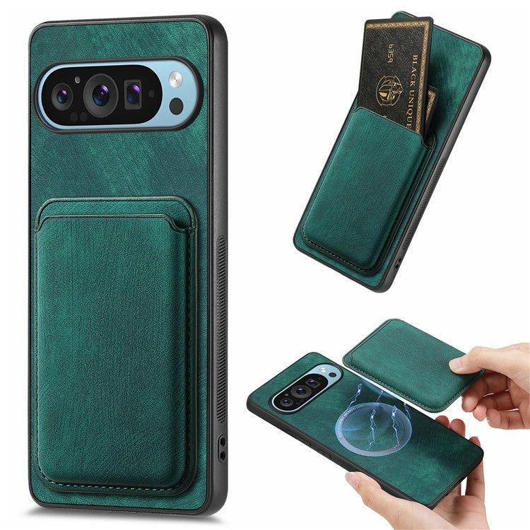 For Google Pixel 9 / Pixel 9 Pro Case Leather+TPU Retro Phone Cover with Detachable Card Slot - Green