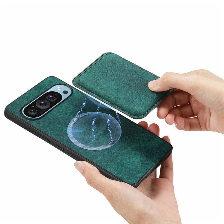 For Google Pixel 9 / Pixel 9 Pro Case Leather+TPU Retro Phone Cover with Detachable Card Slot - Green