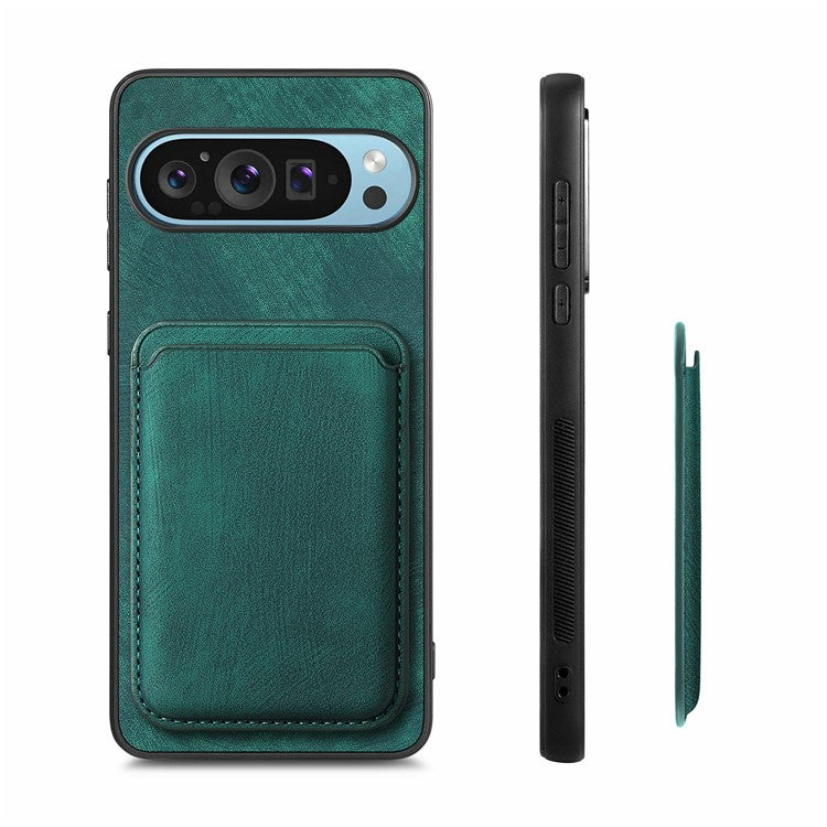 For Google Pixel 9 / Pixel 9 Pro Case Leather+TPU Retro Phone Cover with Detachable Card Slot - Green