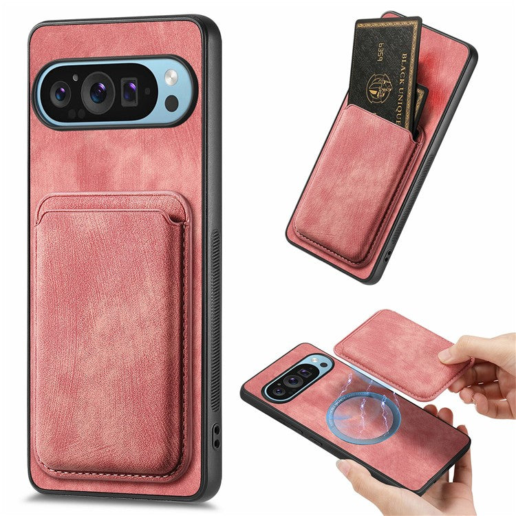 For Google Pixel 9 / Pixel 9 Pro Case Leather+TPU Retro Phone Cover with Detachable Card Slot - Pink