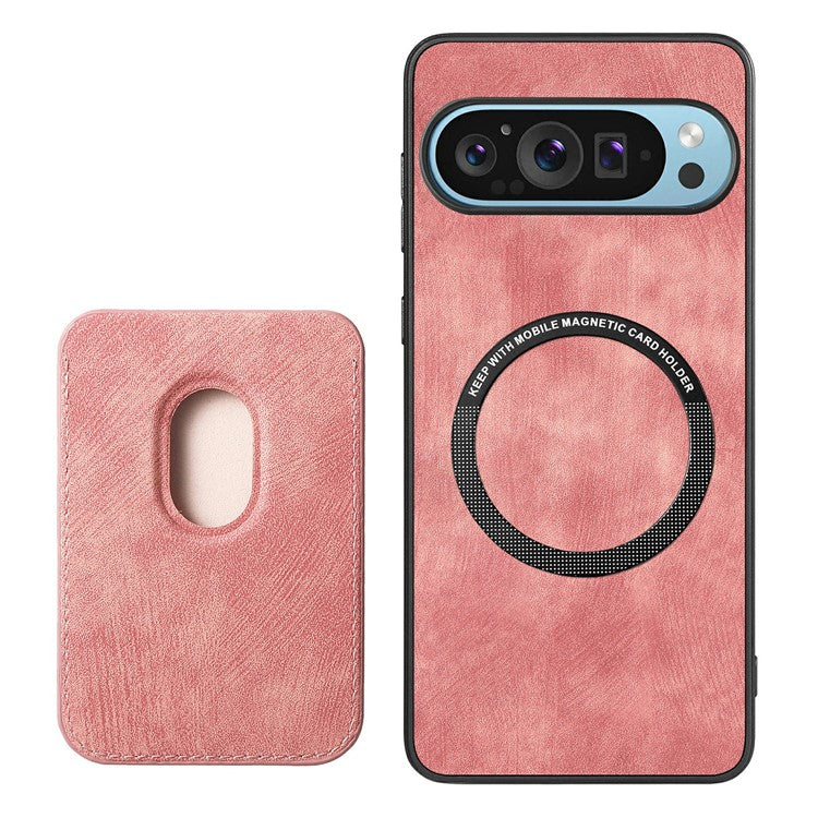 For Google Pixel 9 / Pixel 9 Pro Case Leather+TPU Retro Phone Cover with Detachable Card Slot - Pink