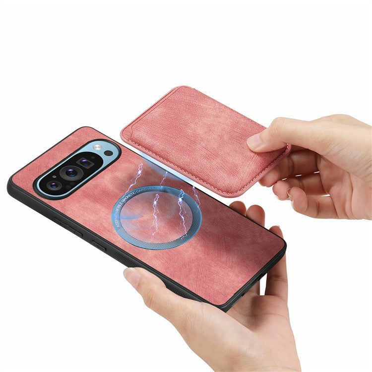 For Google Pixel 9 / Pixel 9 Pro Case Leather+TPU Retro Phone Cover with Detachable Card Slot - Pink