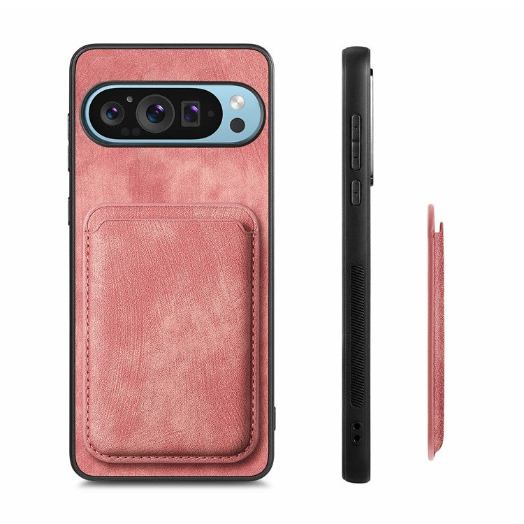 For Google Pixel 9 / Pixel 9 Pro Case Leather+TPU Retro Phone Cover with Detachable Card Slot - Pink