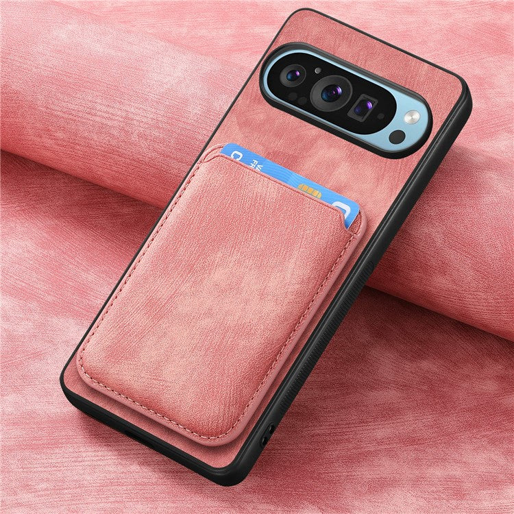 For Google Pixel 9 / Pixel 9 Pro Case Leather+TPU Retro Phone Cover with Detachable Card Slot - Pink