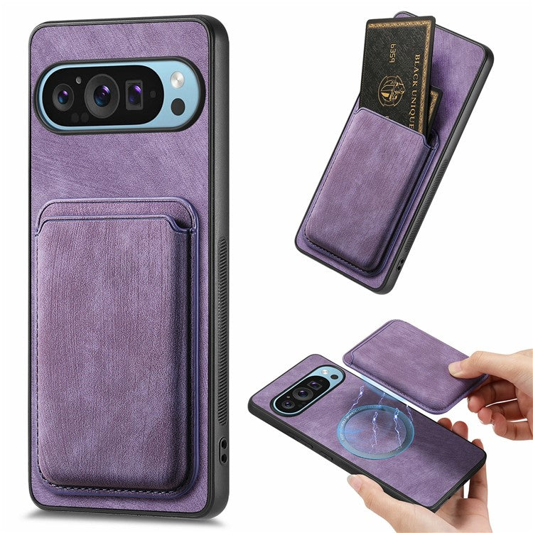 For Google Pixel 9 / Pixel 9 Pro Case Leather+TPU Retro Phone Cover with Detachable Card Slot - Purple