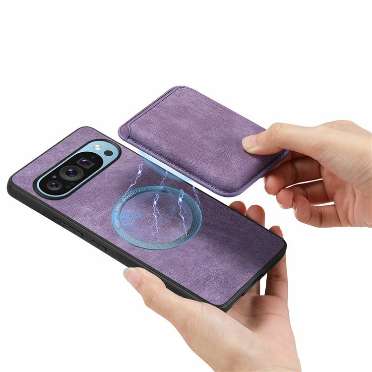 For Google Pixel 9 / Pixel 9 Pro Case Leather+TPU Retro Phone Cover with Detachable Card Slot - Purple