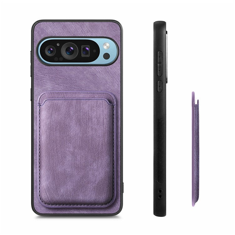 For Google Pixel 9 / Pixel 9 Pro Case Leather+TPU Retro Phone Cover with Detachable Card Slot - Purple