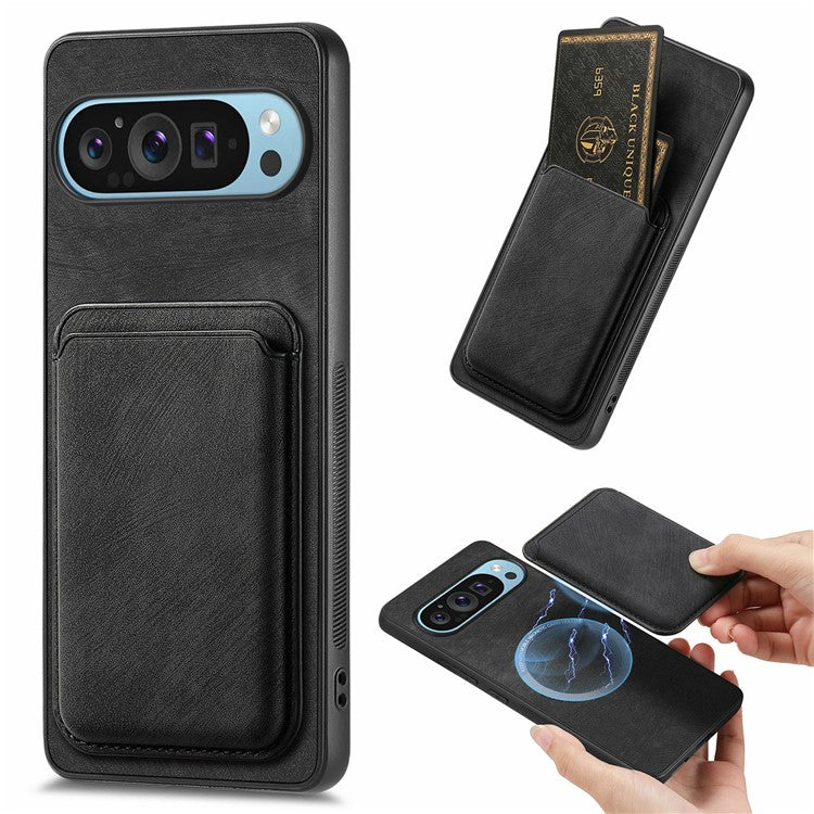 For Google Pixel 9 / Pixel 9 Pro Case Leather+TPU Retro Phone Cover with Detachable Card Slot - Black