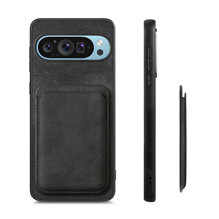 For Google Pixel 9 / Pixel 9 Pro Case Leather+TPU Retro Phone Cover with Detachable Card Slot - Black