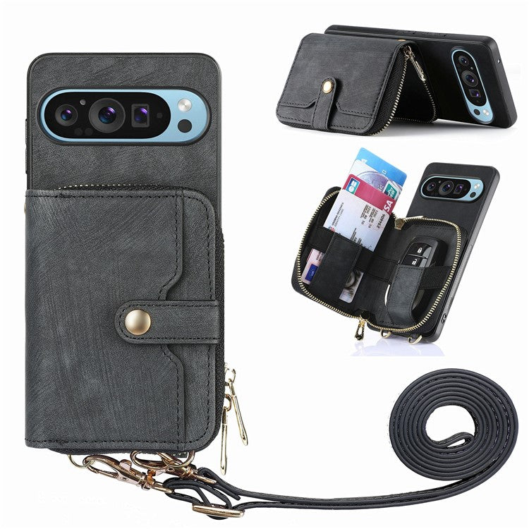 For Google Pixel 9 / Pixel 9 Pro Case Zipper Card Holder PU Leather Phone Back Cover with Long Strap - Black