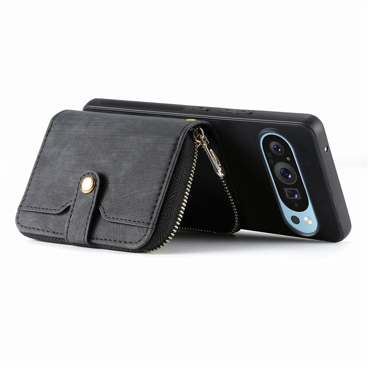 For Google Pixel 9 / Pixel 9 Pro Case Zipper Card Holder PU Leather Phone Back Cover with Long Strap - Black