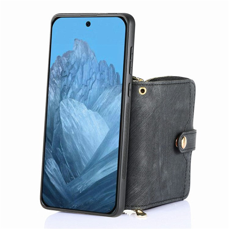 For Google Pixel 9 / Pixel 9 Pro Case Zipper Card Holder PU Leather Phone Back Cover with Long Strap - Black