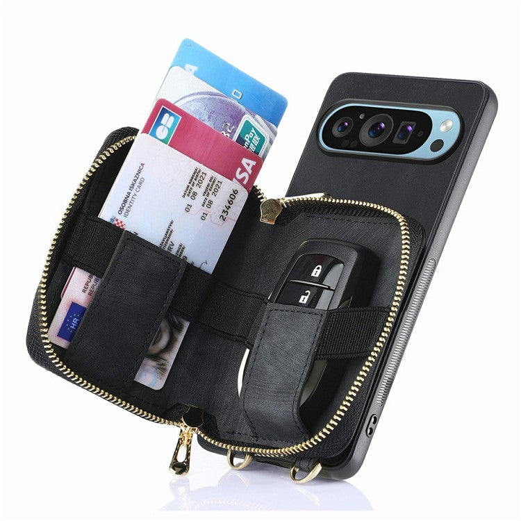 For Google Pixel 9 / Pixel 9 Pro Case Zipper Card Holder PU Leather Phone Back Cover with Long Strap - Black