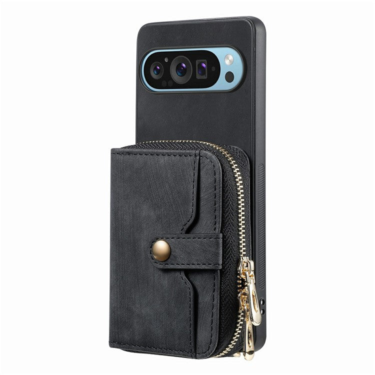 For Google Pixel 9 / Pixel 9 Pro Case Zipper Card Holder PU Leather Phone Back Cover with Long Strap - Black