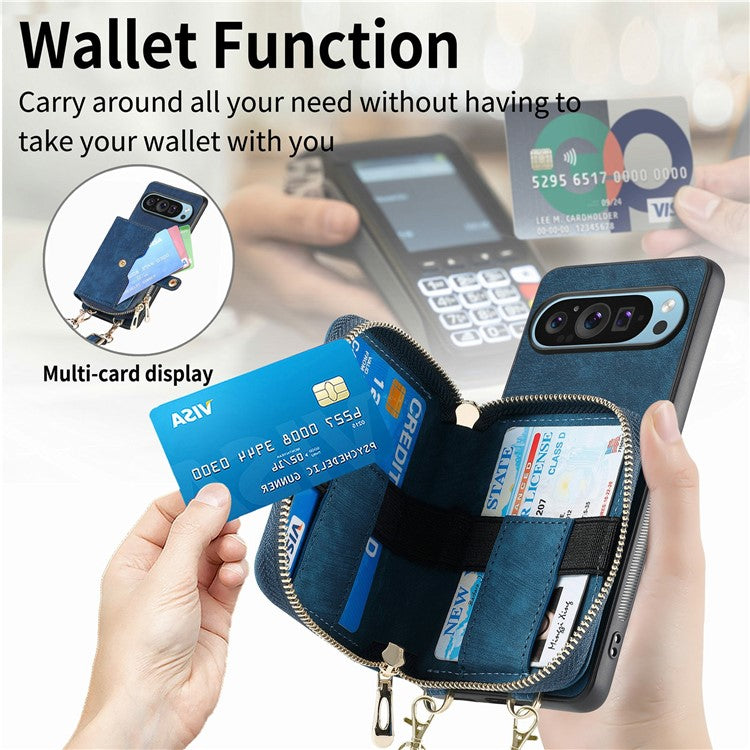 For Google Pixel 9 / Pixel 9 Pro Case Zipper Card Holder PU Leather Phone Back Cover with Long Strap - Black