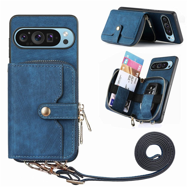 For Google Pixel 9 / Pixel 9 Pro Case Zipper Card Holder PU Leather Phone Back Cover with Long Strap - Blue