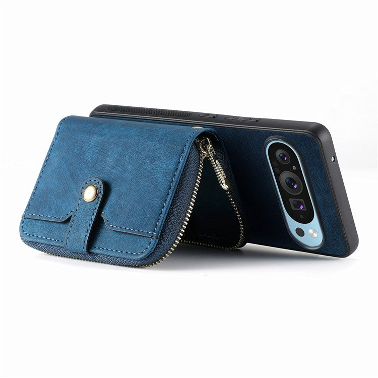 For Google Pixel 9 / Pixel 9 Pro Case Zipper Card Holder PU Leather Phone Back Cover with Long Strap - Blue