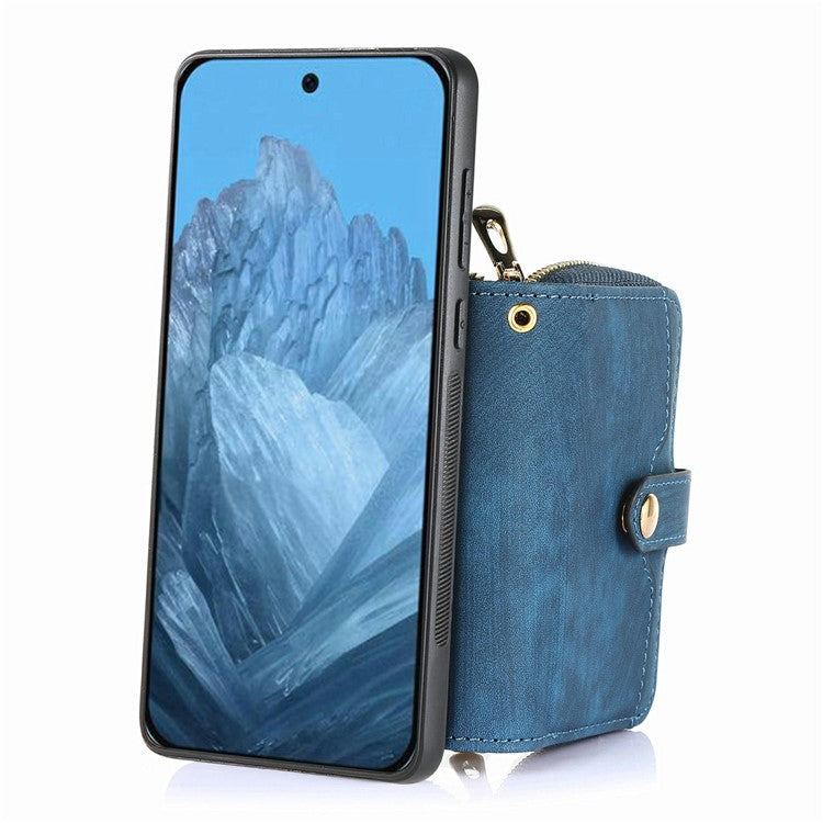 For Google Pixel 9 / Pixel 9 Pro Case Zipper Card Holder PU Leather Phone Back Cover with Long Strap - Blue