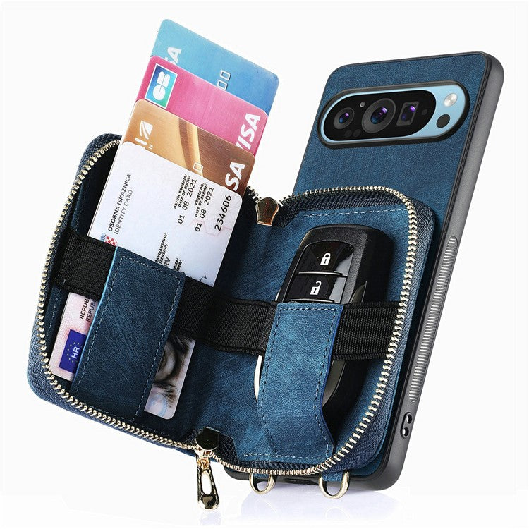 For Google Pixel 9 / Pixel 9 Pro Case Zipper Card Holder PU Leather Phone Back Cover with Long Strap - Blue