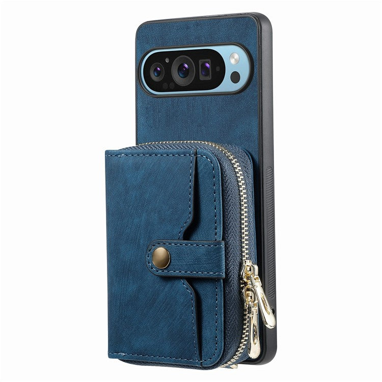 For Google Pixel 9 / Pixel 9 Pro Case Zipper Card Holder PU Leather Phone Back Cover with Long Strap - Blue