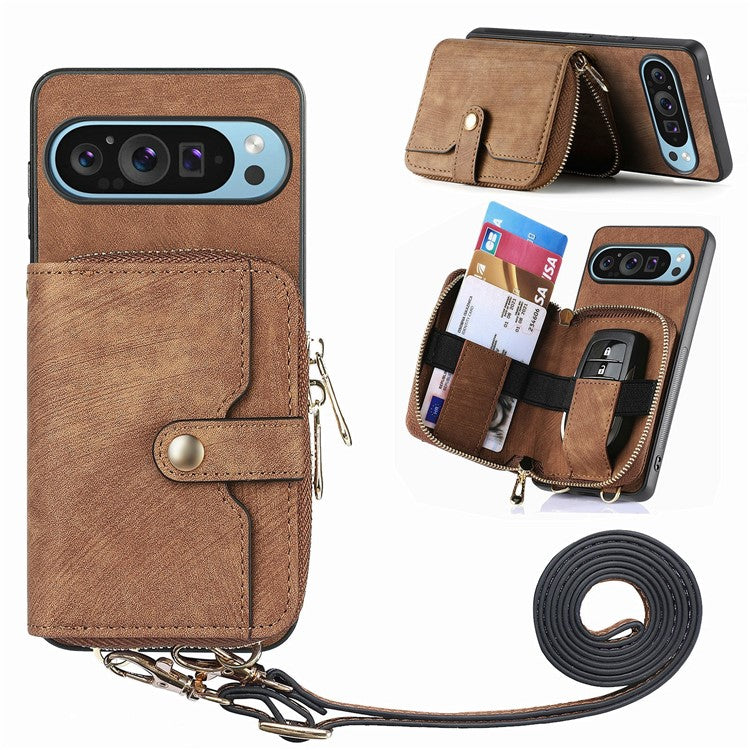 For Google Pixel 9 / Pixel 9 Pro Case Zipper Card Holder PU Leather Phone Back Cover with Long Strap - Brown