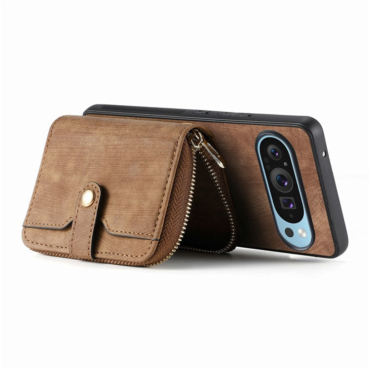 For Google Pixel 9 / Pixel 9 Pro Case Zipper Card Holder PU Leather Phone Back Cover with Long Strap - Brown